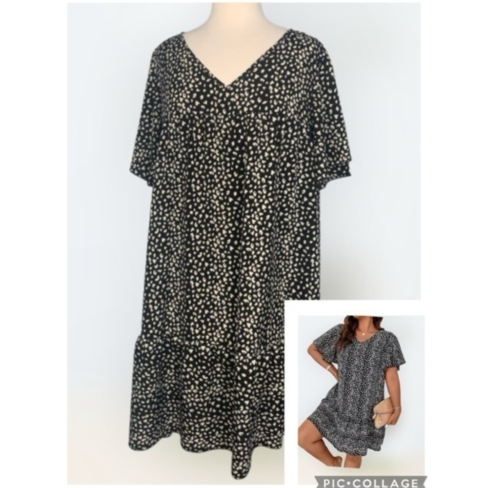 Black & Cream Dalmatian Print Butterfly Sleeve Ruffle Hem Smock House Dress 1XL